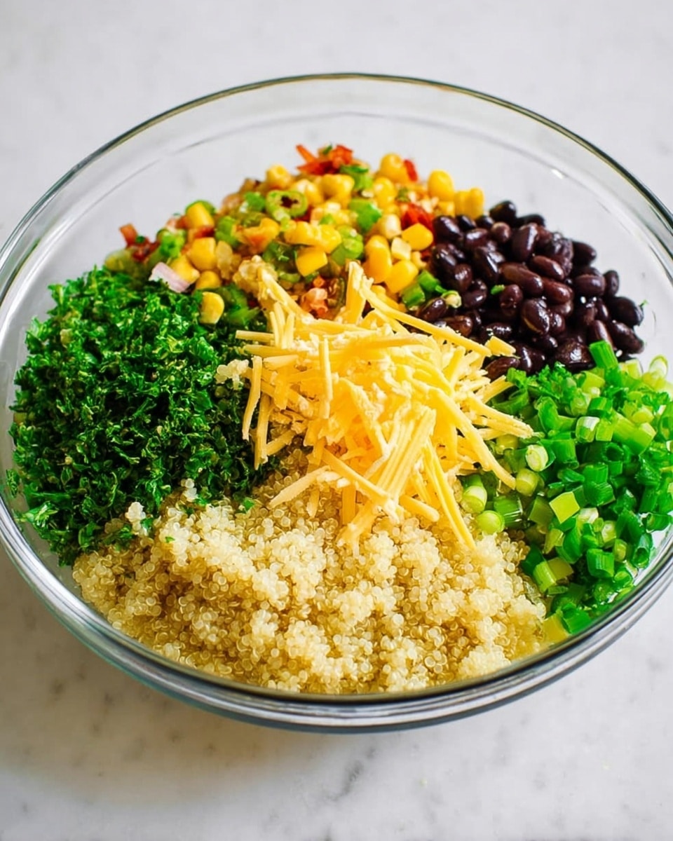 A clear glass bowl sits on a white marbled surface, filled with five separate layers arranged side by side. The bottom center layer is a fluffy, pale yellow quinoa. To the left of it, there is a bright green, finely chopped leafy herb. Above the herb is a mix of yellow corn with small orange and red pieces, adding a colorful texture. To the right of the quinoa, there is a fresh layer of chopped green onions. Behind the onions, black beans provide a dark contrast, topped with a small heap of yellow and white shredded cheese. The overall look is fresh and colorful, with each ingredient clearly visible in its own section. photo taken with an iphone --ar 4:5 --v 7