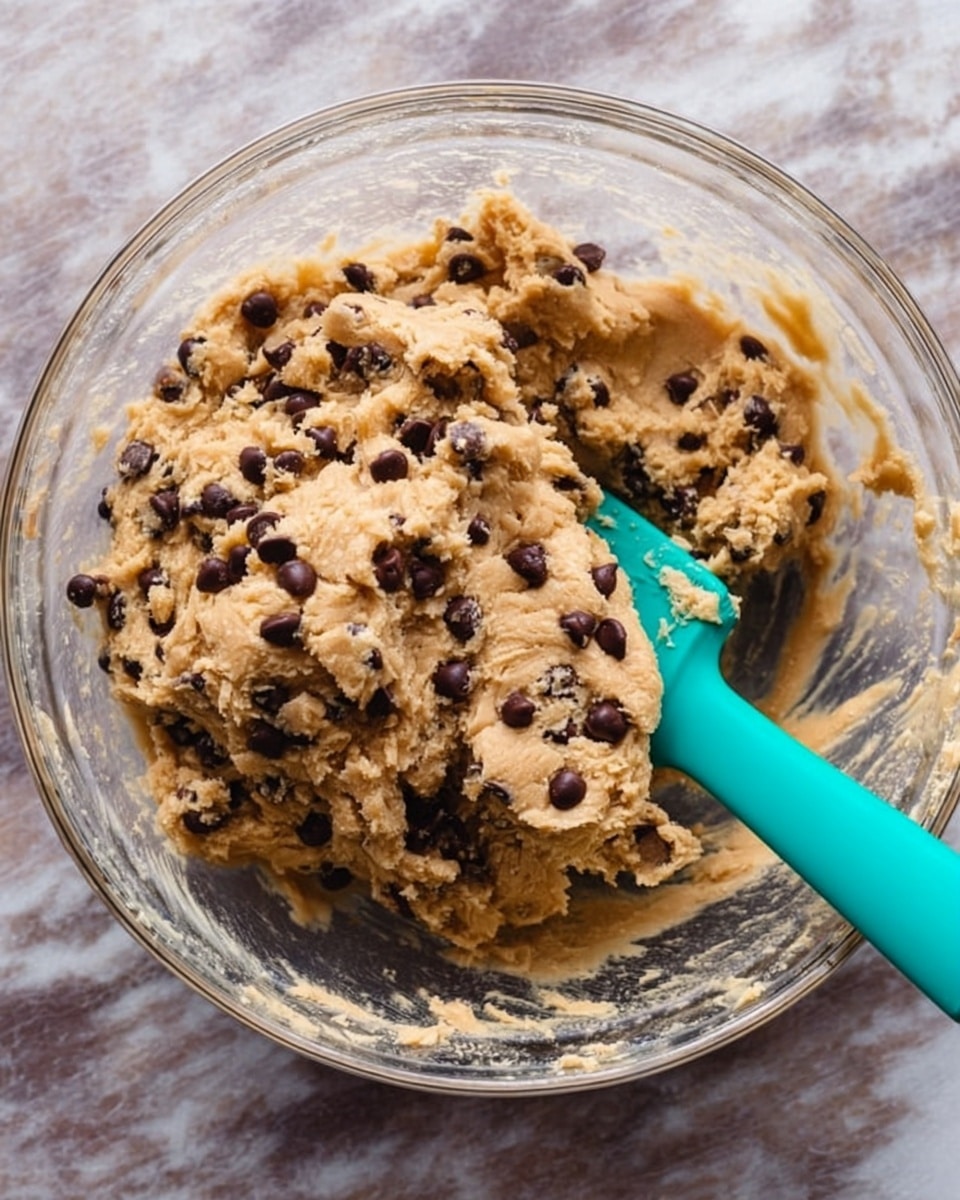 A clear glass bowl sitting on a white marbled surface filled with thick, light brown cookie dough mixed with many small, dark chocolate chips evenly spread throughout. A bright turquoise spatula is partially stuck in the dough on the right side, mixing the chunky dough, and the bowl’s sides show some dough traces. photo taken with an iphone --ar 4:5 --v 7