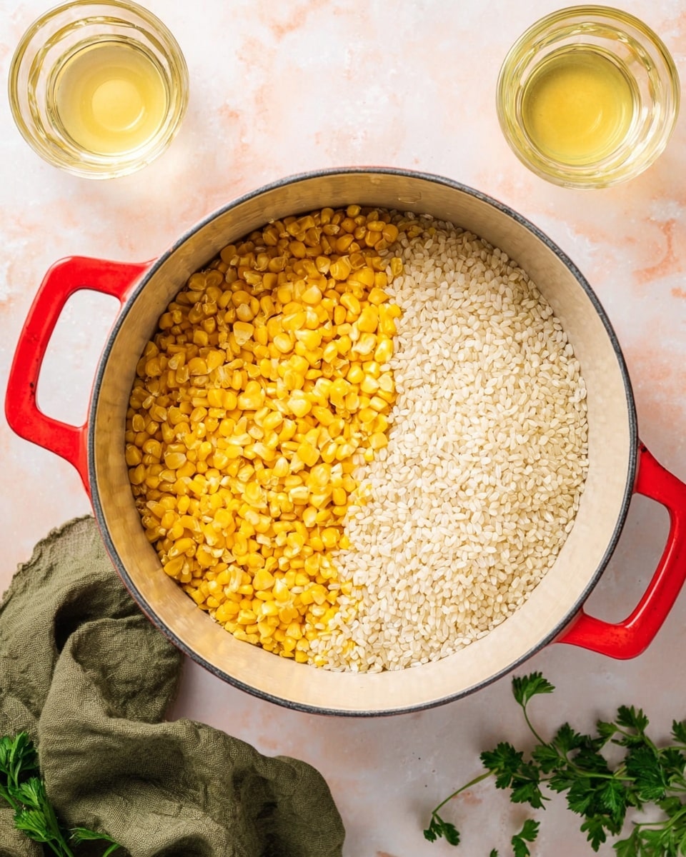 A white pot with red handles contains two layers of ingredients lying side by side, filling half the pot each: the left side is bright yellow corn kernels with a slightly textured surface, and the right side consists of off-white uncooked rice grains with a smooth, small oval shape. The pot is placed on a white marbled surface with a few sprigs of green parsley near its bottom right edge, an olive green cloth partially folded on the bottom left, and two transparent glass cups filled with light yellow liquid at the top corners. photo taken with an iphone --ar 4:5 --v 7
