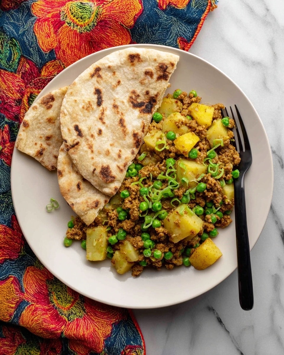 A white round plate holds a colorful dish with two main parts. On one side, there are two pieces of flatbread with light brown charred spots and a soft texture, slightly folded and placed leaning on the food. The other side has a mix of small bright green peas, yellow potato cubes, and finely crumbled browned meat, all garnished with small green scallion slices, creating a layered look. A black fork lies on the plate’s edge near the food. The plate is set on a white marbled surface next to a vibrant cloth with red, orange, green, and blue floral patterns. Photo taken with an iphone --ar 4:5 --v 7