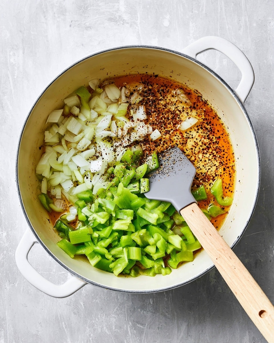 A white pot on a white marbled surface holds a cooking scene with three layers of chopped vegetables: white onion pieces on the left, green bell peppers in the middle, and light green celery pieces on the right. Beneath the vegetables is a layer of golden brown cooking oil with dark specks of seasoning spread unevenly across the pot's surface. A gray spatula with a light wooden handle rests inside the pot, nestled among the vegetables and oil. photo taken with an iphone --ar 4:5 --v 7