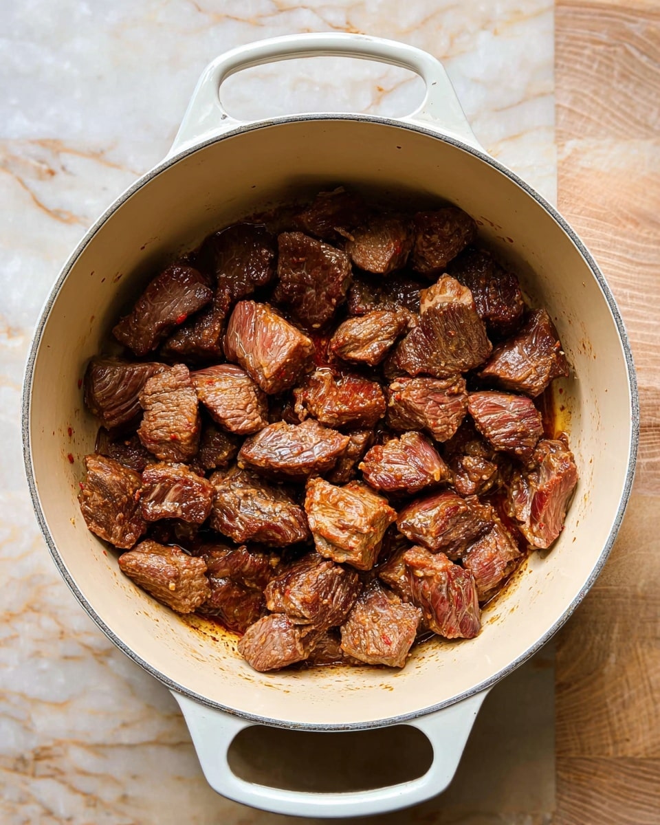 Inside a white pot with two handles, there are many browned meat chunks. The pieces have a slightly rough texture with some darker and lighter brown shades, showing they have been cooked on the outside but still have some reddish parts inside. The pot is placed on a white marbled surface. photo taken with an iphone --ar 4:5 --v 7