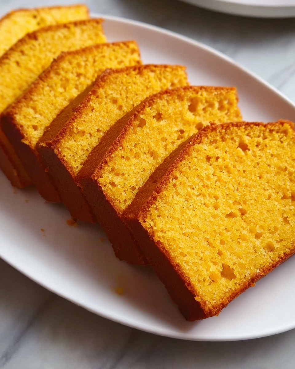 The image shows a white plate with five pieces of bright orange-yellow cake slices arranged in a row, each with a soft, crumbly texture and a slightly darker browned edge. The thick slices lay flat on the plate, highlighting the cake’s moist, dense inside with small, even air bubbles throughout. The background is a white marbled surface, making the vibrant color of the cake stand out. Photo taken with an iphone --ar 4:5 --v 7