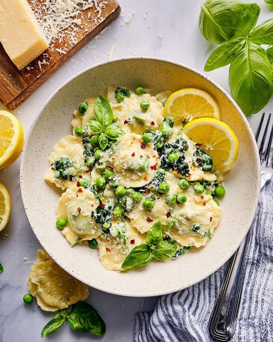 A white speckled bowl holds a creamy pasta dish with several ravioli pieces covered in a light off-white sauce. Bright green peas and leafy spinach are spread evenly on top, adding a fresh and vibrant touch. Small bits of red chili flakes and tiny chopped onions are scattered through the sauce. Three thin, half-moon lemon slices are placed on one side of the bowl as garnish, along with a few basil leaves on top. The bowl sits on a white marbled surface with fresh basil leaves and lemon wedges around it. A block of grated cheese on a wooden board is nearby, and a fork and a white and blue striped cloth are placed beside the bowl. Photo taken with an iphone --ar 4:5 --v 7