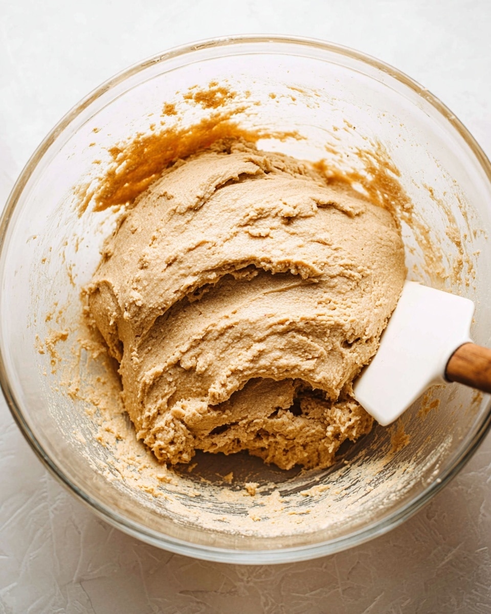 A clear glass bowl filled with one thick layer of smooth, light brown dough with a textured surface, showing slight unevenness and small air pockets. The dough sticks lightly to the sides of the bowl, with some traces of dough smeared on the inner bowl walls. A white spatula with a wooden handle is partially visible on the right, resting inside the bowl. The background is a white marbled texture. Photo taken with an iphone --ar 4:5 --v 7