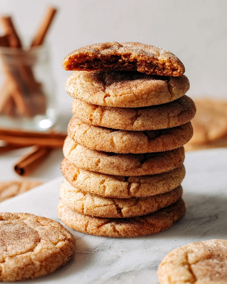 A tall stack of seven round, light brown cookies with a cracked texture sits on a white marbled surface, with the top cookie broken in half showing a darker, soft inside and a light dusting of sugar on top. One whole cookie lies flat in the foreground to the left, and blurred cinnamon sticks in a jar are visible in the softly lit white background. photo taken with an iphone --ar 4:5 --v 7