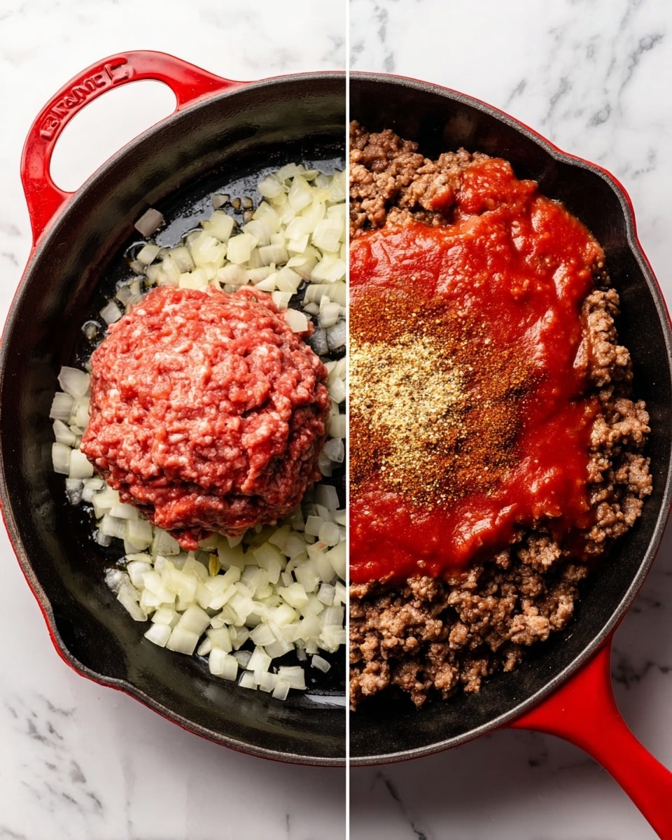 The image shows a red cast iron pan on a white marbled surface with two stages of a cooked dish. On the left side, the pan contains a large, raw ball of ground meat with chopped white onions scattered underneath it, all resting on the pan’s black surface. On the right side, the meat is browned and crumbled, mixed with cooked onions, and topped with a thick layer of bright red tomato sauce. There are also distinct piles of finely chopped garlic as well as two types of red-brown spices sprinkled on top, giving a textured look. photo taken with an iphone --ar 4:5 --v 7