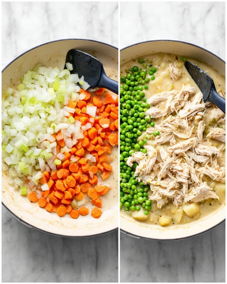 The image on the left shows a white pan with three visible layers: a base layer of diced onions that are white and translucent, a middle layer of thinly sliced light green celery pieces, and an upper layer of small, round, bright orange carrot slices, all mixed together with a black spatula resting on the side. In the image on the right, the same white pan has more layers: a creamy light beige liquid base with visible chunks of small potatoes and vegetables, a middle layer of shredded pale beige chicken piled mostly in the center, and a top layer of bright green peas clustered on one side, with the black spatula partly submerged in the mixture. The background is a white marbled surface. photo taken with an iphone --ar 4:5 --v 7
