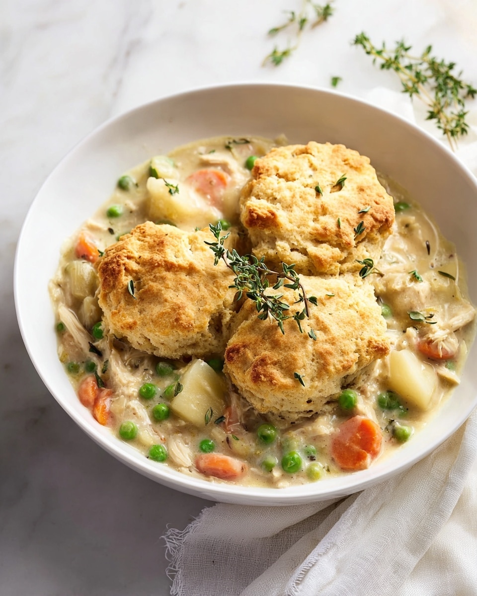 A white bowl filled with three golden brown, rough textured biscuit tops resting on a creamy stew mixture. The stew contains layers of soft diced white potatoes, light orange carrot slices, green peas, and shredded white and light brown chicken pieces mixed in a thick creamy sauce with small herbs scattered throughout. A sprig of fresh green thyme rests on the edge of the bowl. The bowl sits on a soft white cloth on a white marbled surface. Photo taken with an iphone --ar 4:5 --v 7