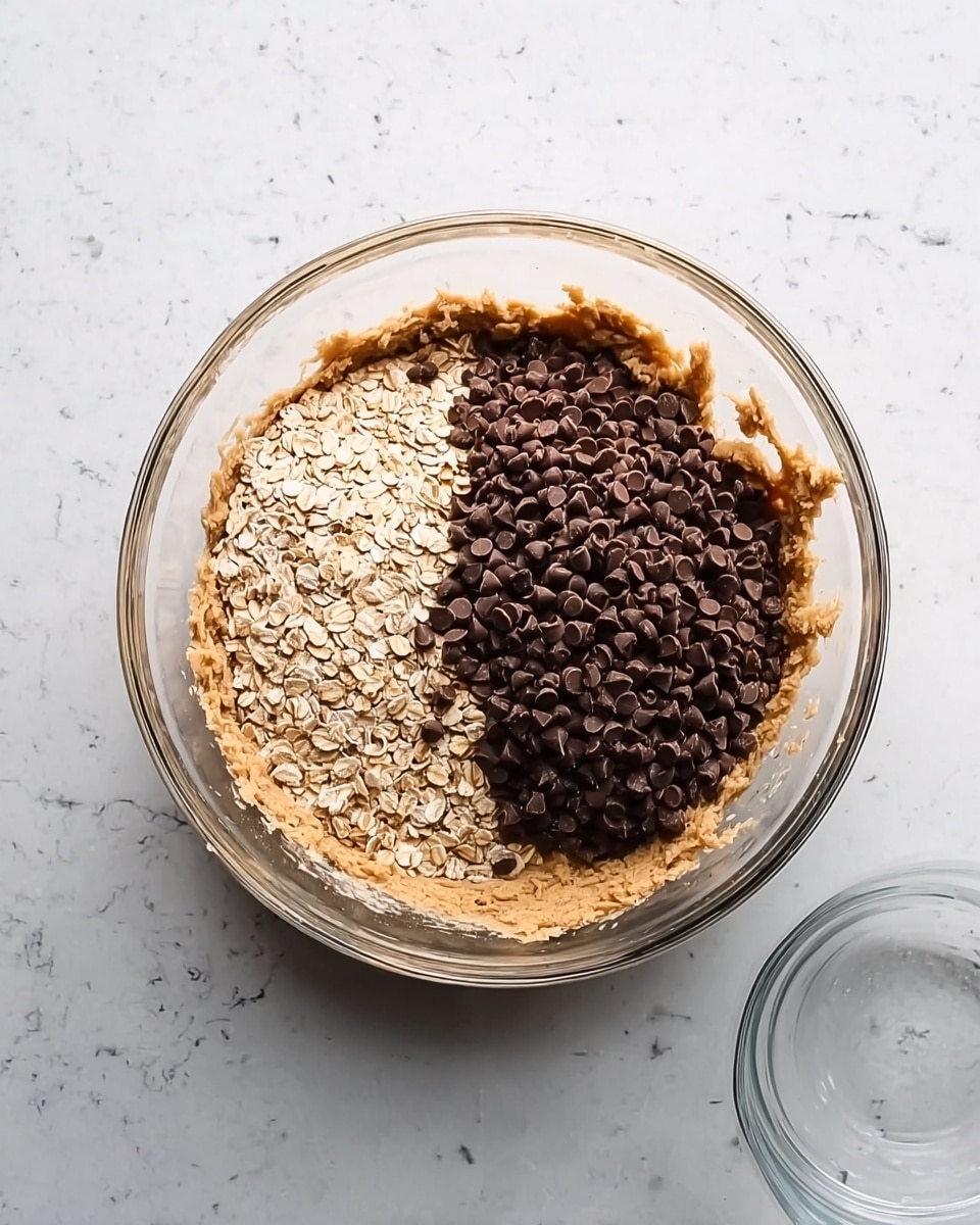 A clear glass mixing bowl sits on a white marbled surface, filled partially with light brown dough spread evenly around the edges. On top of the dough, there is a layer of oats on the bottom half and a large pile of dark brown chocolate chips on the top half, ready to be mixed in. To the right of the bowl, there is an empty clear glass bowl. The overall scene is clean and bright. photo taken with an iphone --ar 4:5 --v 7
