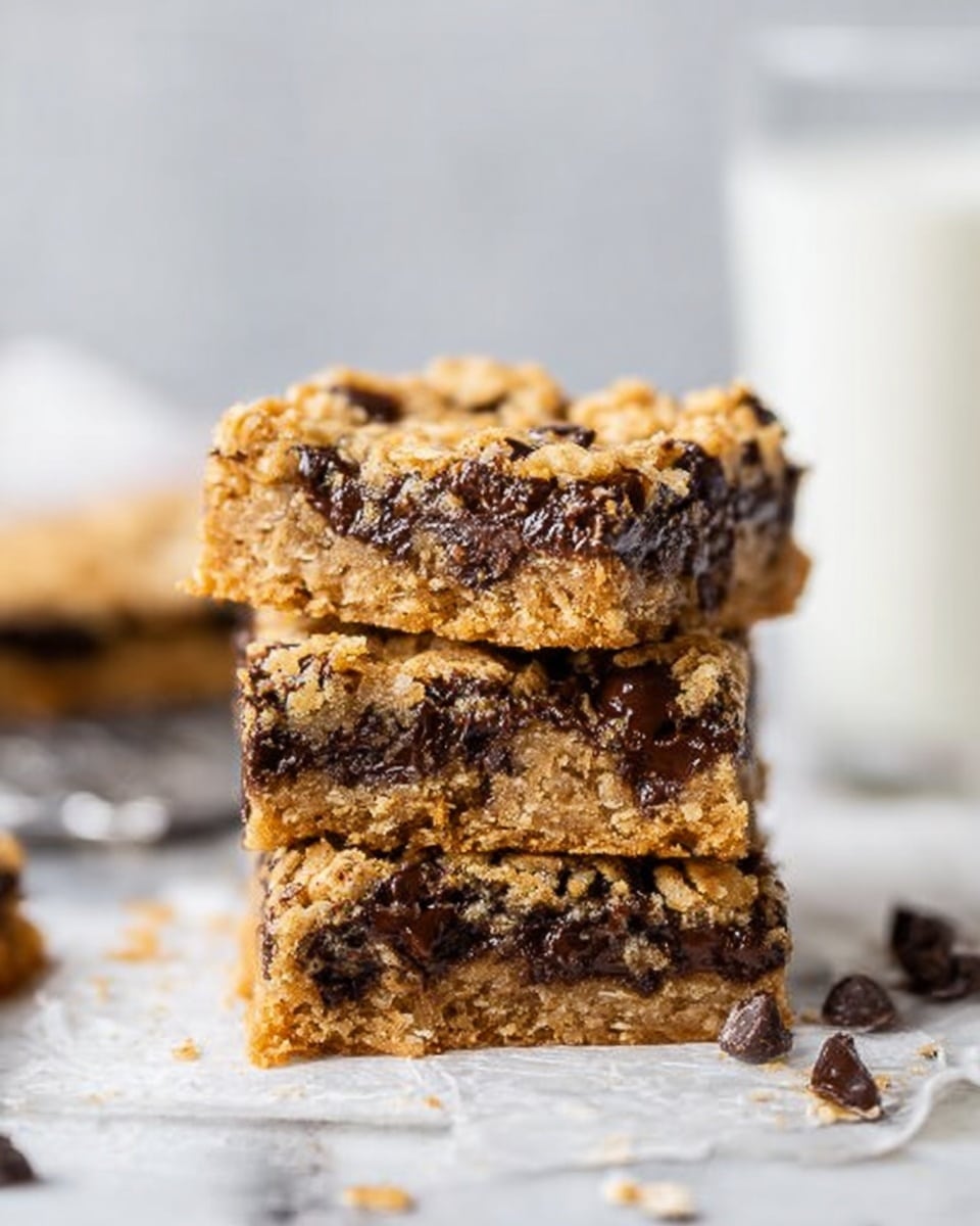 The image shows a stack of three thick chocolate chip oat bars on a white marbled surface. Each bar has a crumbly, golden-brown oat base with plenty of melted dark chocolate chips spread unevenly within and on top, creating dark, glossy patches. The edges of the bars are slightly rough and crumbly, emphasizing their homemade texture. Small chocolate chips and oat crumbs are scattered around the stack, and in the background, a tall glass of milk is softly out of focus, adding a classic touch to the setting. Photo taken with an iphone --ar 4:5 --v 7