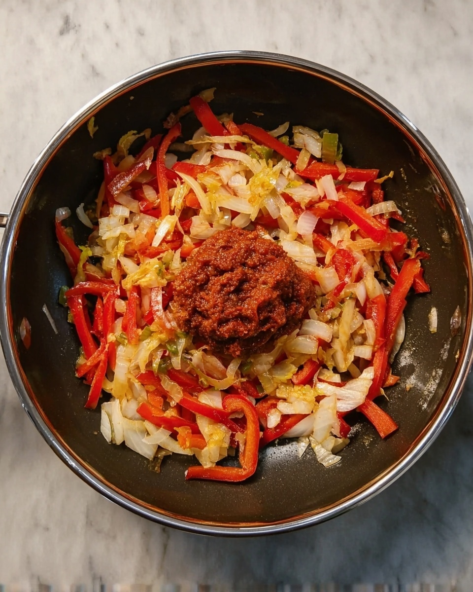 A dark metal pan viewed from above holds lightly cooked vegetables. The bottom layer is a mix of thin red strips of bell pepper and small pieces of light yellow onion, scattered evenly around. At the center of the pan, there is a dollop of thick, reddish-brown paste. The pan rests on a white marbled surface. Photo taken with an iphone --ar 4:5 --v 7