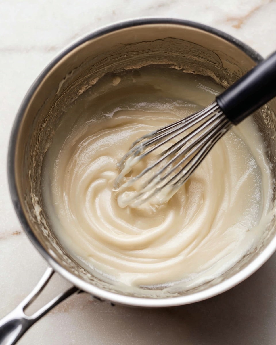 The image shows a close-up of a smooth, creamy white sauce being stirred in a shiny metal pot. The sauce is thick and glossy, with a swirl in the center where a black whisk with a shiny handle is mixing it. The sides of the pot have some remnants of the sauce, showing its thick texture. The pot is set on a white marbled surface that adds a clean, bright feel to the scene. photo taken with an iphone --ar 4:5 --v 7