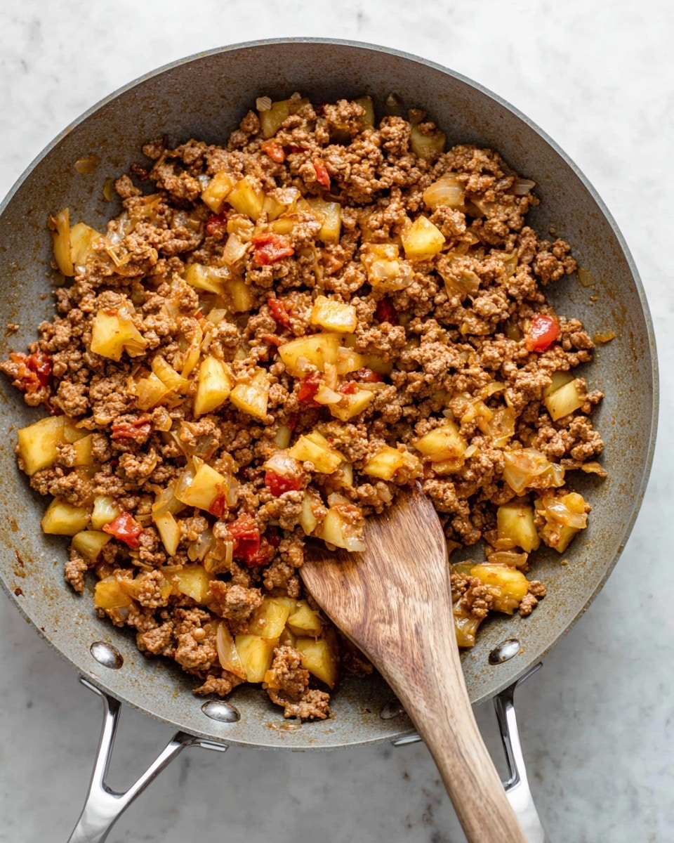 A large grey pan filled with cooked ground meat mixed with yellow cooked onions and small pieces of light yellow pineapple chunks. The ground meat is browned and crumbly, with some red bits that look like small tomato pieces. A wooden spoon with a visible grain pattern rests in the center of the pan, partially submerged in the meat mixture. The pan handles are metallic and shiny. The surface under the pan is a white marbled texture. photo taken with an iphone --ar 4:5 --v 7
