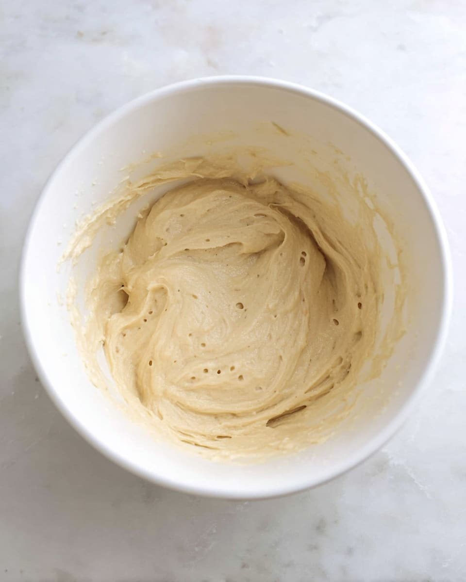 The image shows a white ceramic mixing bowl filled with creamy, light beige dough that has a smooth, sticky texture with visible small air bubbles, swirled gently in the bowl. The bowl sits on a white marbled surface, and the dough's shiny surface reflects soft light, emphasizing its thick and elastic consistency. Photo taken with an iphone --ar 4:5 --v 7