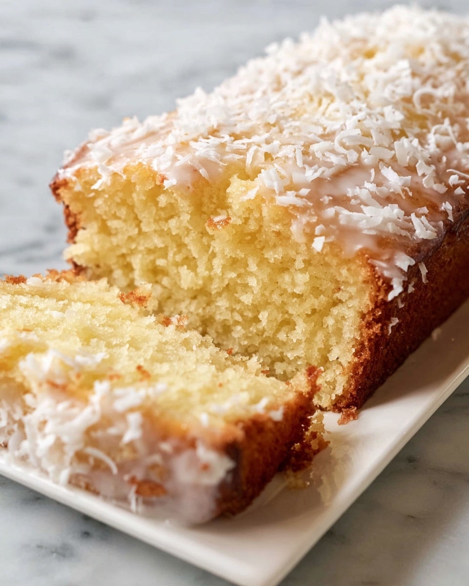 The image shows a close-up of a single-layer yellow cake with a moist, soft texture. The cake is topped with a light glaze and scattered with white shredded coconut. One piece is sliced and placed in front of the whole cake, revealing the airy inside. The cake rests on a white rectangular plate over a white marbled surface. Photo taken with an iphone --ar 4:5 --v 7