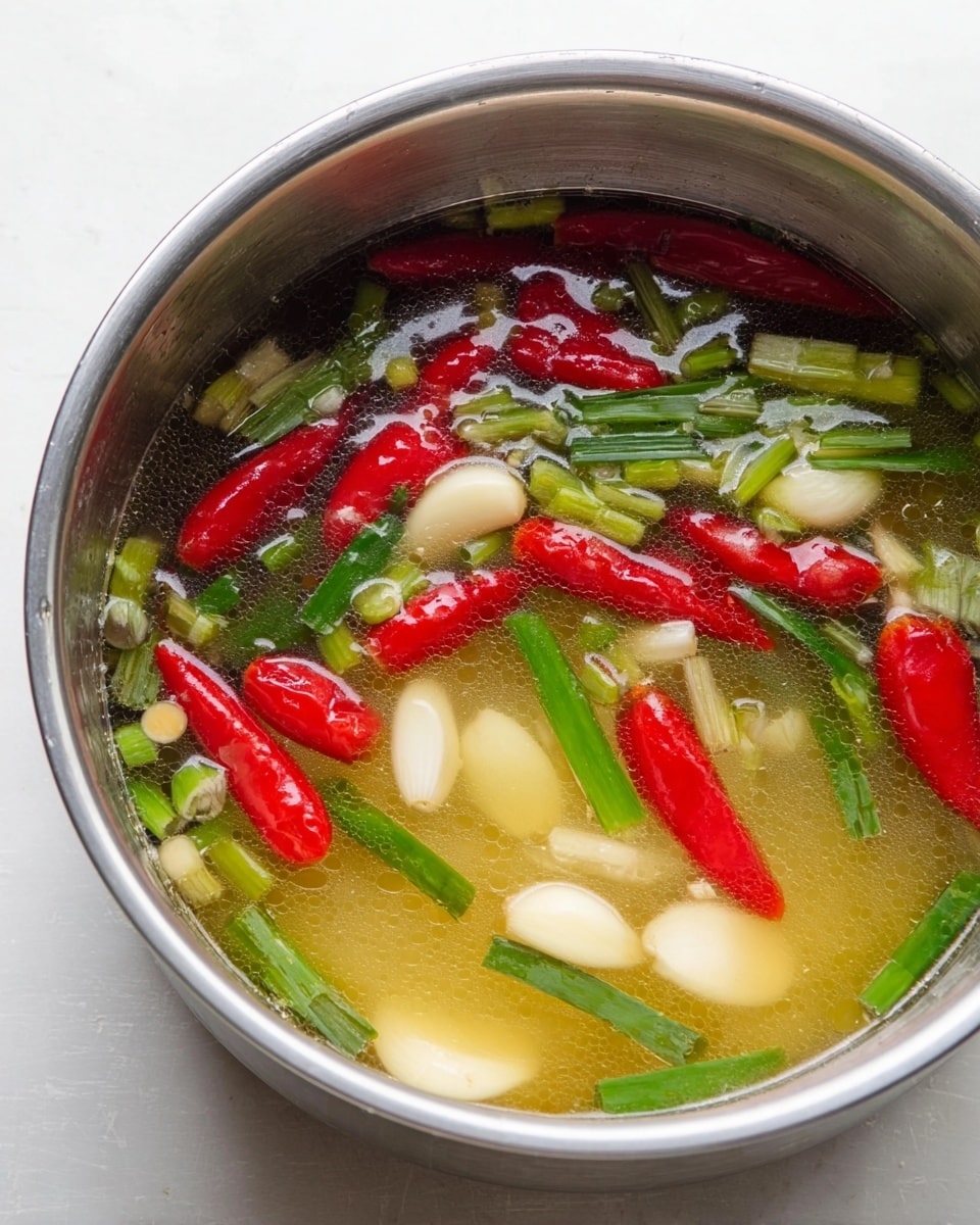 A shiny metal pot filled with clear broth, floating with several bright red chili peppers, light green chopped green onions, and whole pale garlic cloves. The ingredients are spread evenly in the broth, creating a mix of red, green, and white pieces in the light yellow liquid. The pot is placed on a white marbled surface, and the photo is taken from above, showing the simple colors and fresh textures clearly photo taken with an iphone --ar 4:5 --v 7