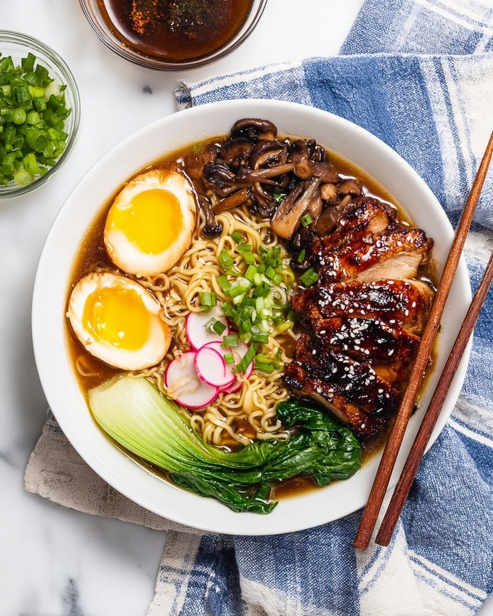 A bowl of ramen with five clear layers: at the bottom, thin light beige noodles sitting in a rich, light brown broth; next to the noodles on the right, thick slices of glazed dark brown grilled chicken sprinkled with white sesame seeds; on the left, a section of sliced dark brown mushrooms; above the mushrooms, bright green bok choy leaves; and in the middle, two halved soft-boiled eggs with bright yellow yolks surrounded by light brown outer edges, topped with chopped green onions and thin pink radish slices. The bowl is white and round, resting on a white marble surface with a blue and white checkered cloth underneath. A pair of brown wooden chopsticks rests on the bowl’s rim, and small bowls of chopped green onions and sauce are placed nearby. Photo taken with an iphone --ar 4:5 --v 7