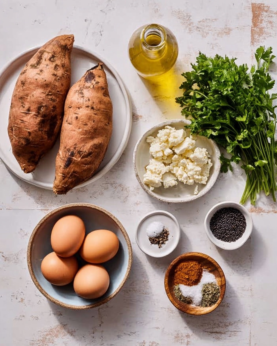 The image shows several ingredients on a white marbled surface. On the left, there is one white plate holding two large baked sweet potatoes with a rough brown skin. Next to the plate, there is a clear glass bottle with yellow olive oil. Near the bottle, a small bunch of fresh green parsley lies on the surface. Below the parsley, there is a round white bowl with four brown eggs inside. To the right of the eggs, a small white dish divided into two sections holds white salt on one side and black pepper on the other. Next to it, there is a small white bowl with black seeds or seasoning, and beside that, a small white bowl filled with white crumbled cheese. A small wooden bowl filled with a mixed brown and green spice blend is placed near the parsley. The overall color is warm with natural tones from the food on the clean white marbled background. photo taken with an iphone --ar 4:5 --v 7