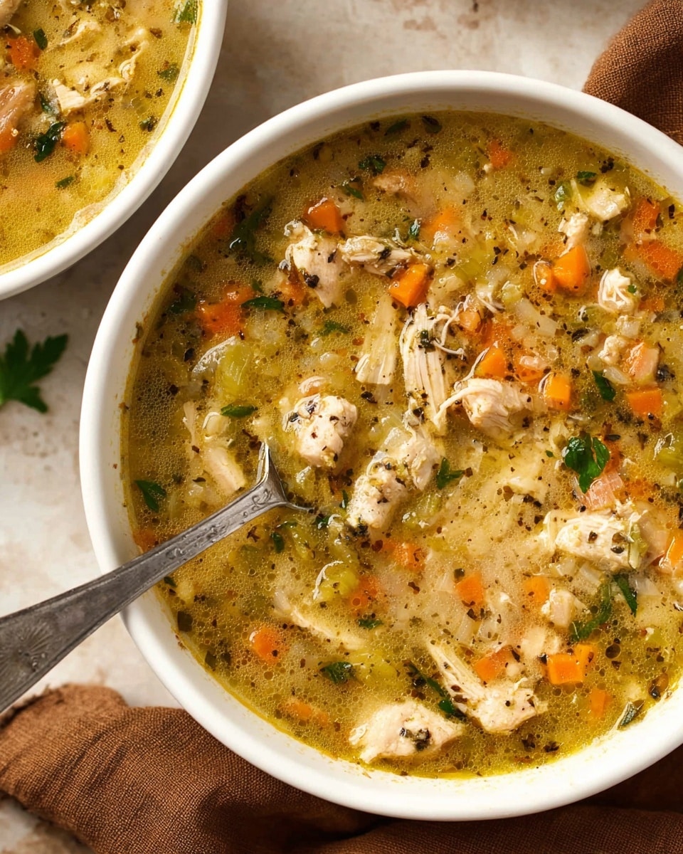 The image shows a close-up of a white bowl filled with chunky chicken soup. The soup has many pieces of light brown chicken meat mixed with small orange carrot cubes and green celery bits. There are also small pieces of onions and leafy herbs floating in a clear light yellow broth with visible black pepper specks. A silver spoon is partially dipped into the soup inside the bowl. In the background, part of another white bowl with the same soup is slightly visible on a white marbled textured surface with a brown cloth beside it. photo taken with an iphone --ar 4:5 --v 7