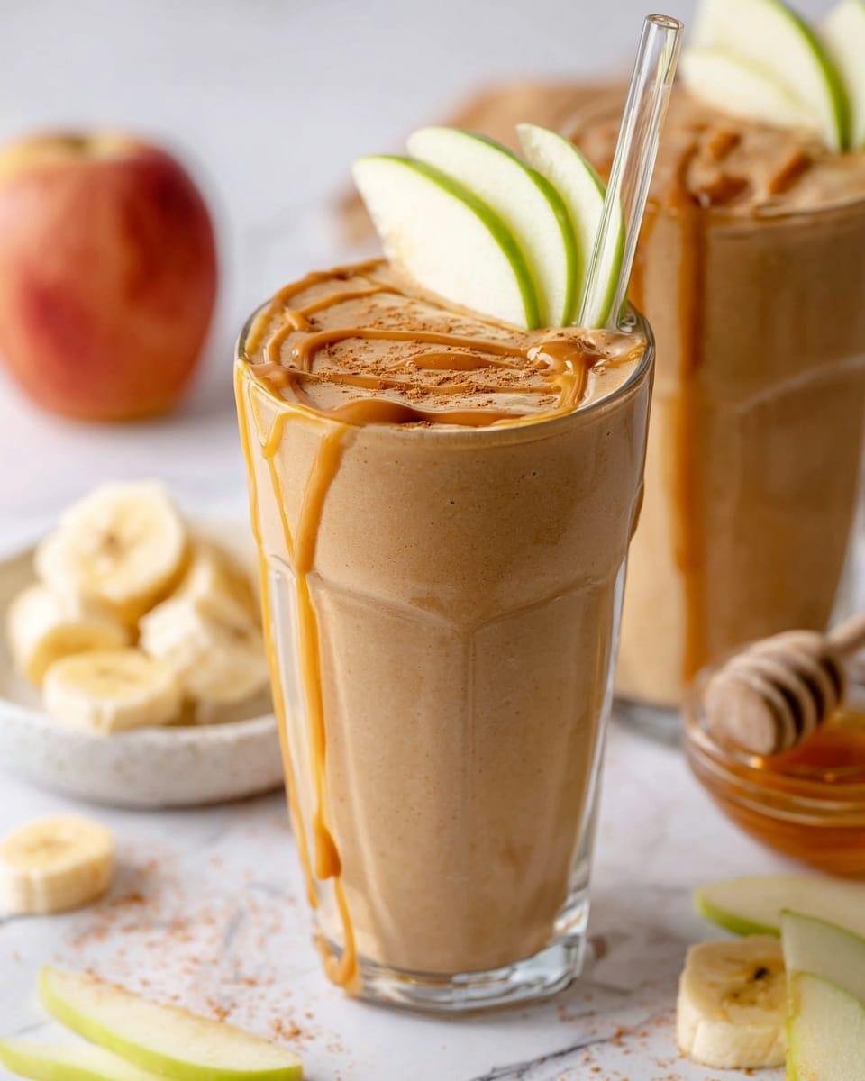 A tall clear glass filled with a smooth light brown smoothie, topped with drizzles of caramel-colored sauce and a sprinkle of cinnamon powder. Two thin slices of green apple rest on the rim of the glass. A clear straw is placed in the smoothie. In the background, there is a second glass with the same drink and toppings, partially visible. Around the glasses, there are scattered apple slices, a small white bowl with honey and a honey dipper, and a white plate with banana slices. The surface has a white marbled texture. photo taken with an iphone --ar 4:5 --v 7