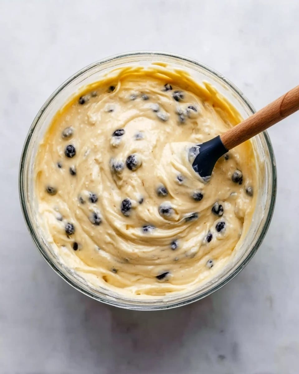 The image shows a clear glass bowl filled with a thick, creamy batter that is pale yellow in color, speckled with small dark blueberries evenly spread throughout. A wooden spoon with a black silicone tip rests inside the bowl, slightly swirling the batter on the top layer, creating smooth textured swirls. The bowl is set on a white marbled surface, and soft light highlights the smooth texture and fresh ingredients of the batter, giving it a fresh and homemade look. photo taken with an iphone --ar 4:5 --v 7