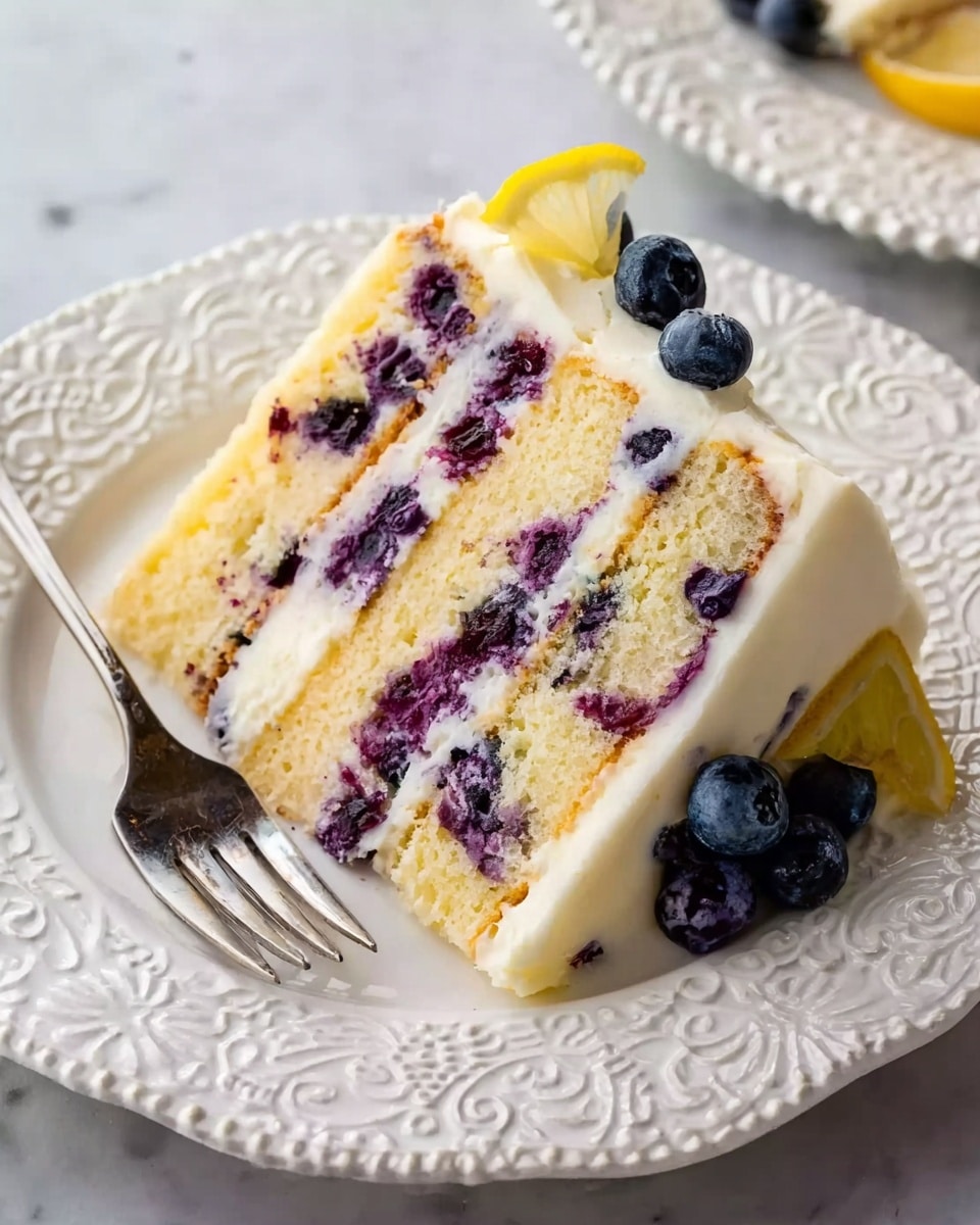 The image shows a slice of three-layer blueberry cake on a white decorative plate with intricate patterns. Each cake layer is light yellow with visible blueberries baked inside, adding dark purple spots throughout. Between each cake layer and on the outside is a smooth, thick layer of white frosting. On top of the cake slice, a small wedge of lemon and a few fresh blueberries add color and contrast. A silver fork rests on the plate next to the cake. The plate is on a white marbled surface. Photo taken with an iphone --ar 4:5 --v 7