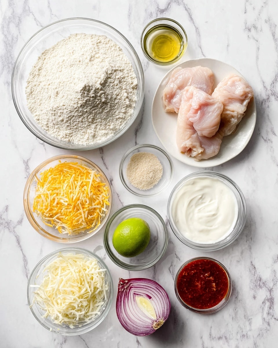 The image shows various cooking ingredients placed neatly on a white marbled surface. At the top center, there is a large clear glass bowl filled with white flour. To its right, a small glass bowl contains a clear liquid, likely oil. Next to it, on a white plate, are three raw pale pink pieces of chicken. Surrounding these are smaller glass bowls filled with fine granules of yeast, salt, and sugar. Below the flour, a clear bowl is filled with shredded yellow cheese, and to its right, another small bowl holds thick white yogurt or sour cream. Below the yogurt, a halved lime shows its green, juicy inside. Near the bottom right, a small clear bowl contains a red paste, possibly a chili or tomato sauce. Below this, there is a small dish with minced garlic. On the bottom left, there is an empty half and full half of a red bell pepper and a slice of purple onion. The photo is taken with an iphone --ar 4:5 --v 7