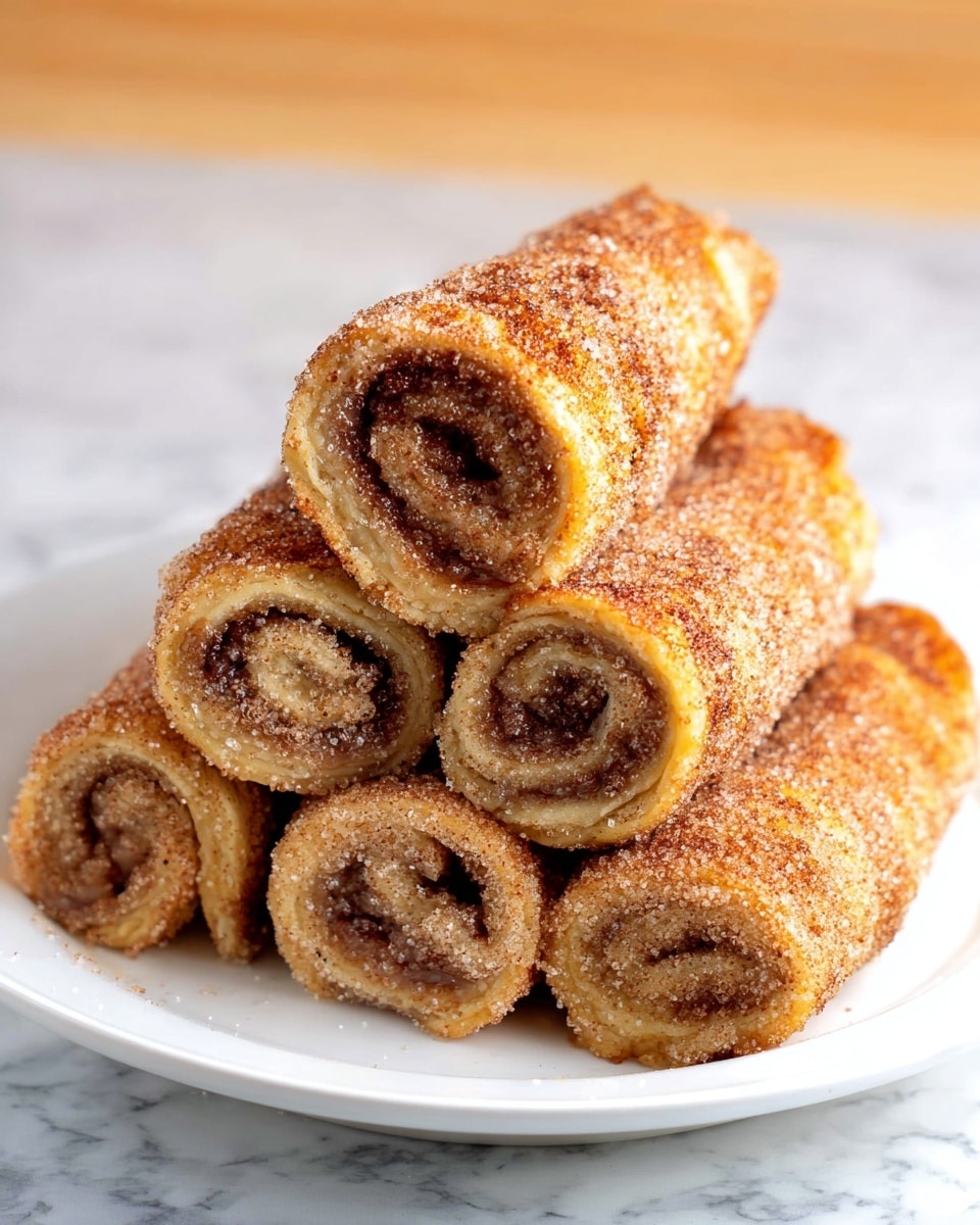 A stack of six rolled pastries is arranged in two layers on a white plate placed on a white marbled surface. The bottom layer has four rolls laying side by side, each showing a textured spiral pattern of golden-brown dough with a darker cinnamon filling inside. The top layer has two rolls placed neatly on the four below, also revealing a spiral of cinnamon filling. The rolls are coated with a sparkling sugar and cinnamon mixture, giving a slightly rough texture on the outside. The lighting is bright, making the sugar crystals glisten. Photo taken with an iphone --ar 4:5 --v 7