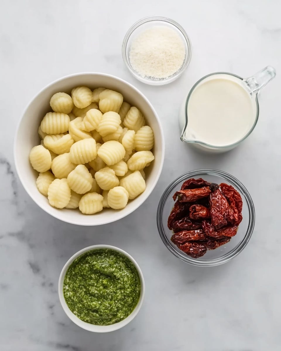 The image shows five white bowls and containers arranged on a white marbled surface. On the left, there is a white bowl full of round, ridged gnocchi pieces that are pale yellow in color. Next to this bowl, a small transparent glass container holds a white granular ingredient. Above that is a clear glass pitcher filled with thick white cream. On the right, a small white bowl contains finely chopped green pesto sauce, vibrant and fresh-looking. Beside it, a small transparent bowl holds several pieces of dark red sun-dried tomatoes with a slightly wrinkled texture. The arrangement is neat and simple, with a clean white marbled background photo taken with an iphone --ar 4:5 --v 7