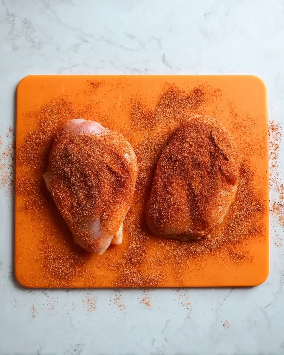 Two raw chicken pieces are placed side by side on an orange cutting board that sits on a white marbled surface. Each piece is covered with a layer of reddish-brown seasoning powder that also spreads around the chicken, creating a scattered pattern. The chicken pieces have a slightly shiny texture, and the seasoning gives them a rough, grainy look. Photo taken with an iphone --ar 4:5 --v 7