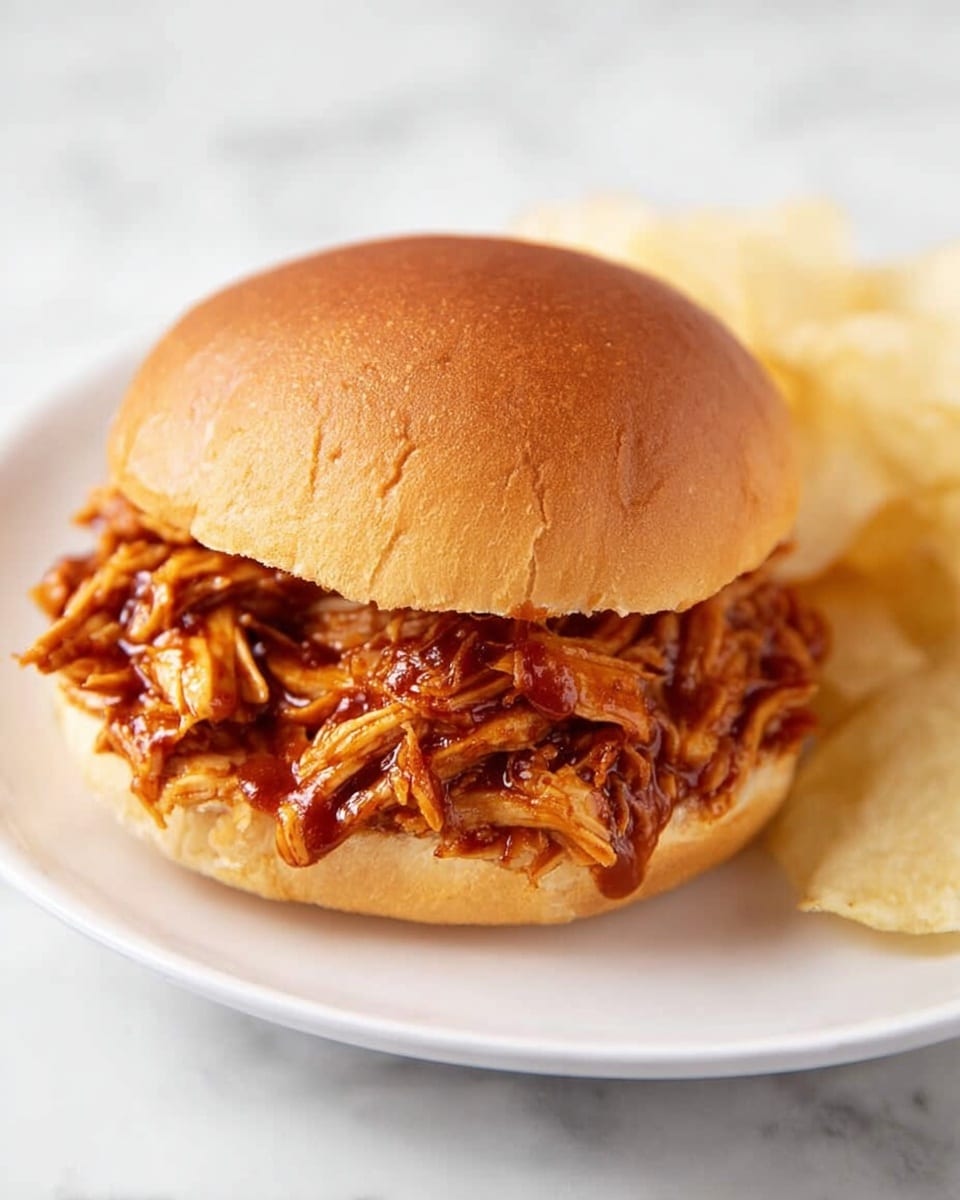 A pulled chicken sandwich on a soft, round, golden-brown bun. The chicken inside is shredded and coated with a thick, shiny reddish-brown sauce, filling the sandwich generously and overflowing slightly at the edges. The sandwich is placed on a white plate with a few light golden potato chips on the side, all set on a white marbled surface. photo taken with an iphone --ar 4:5 --v 7