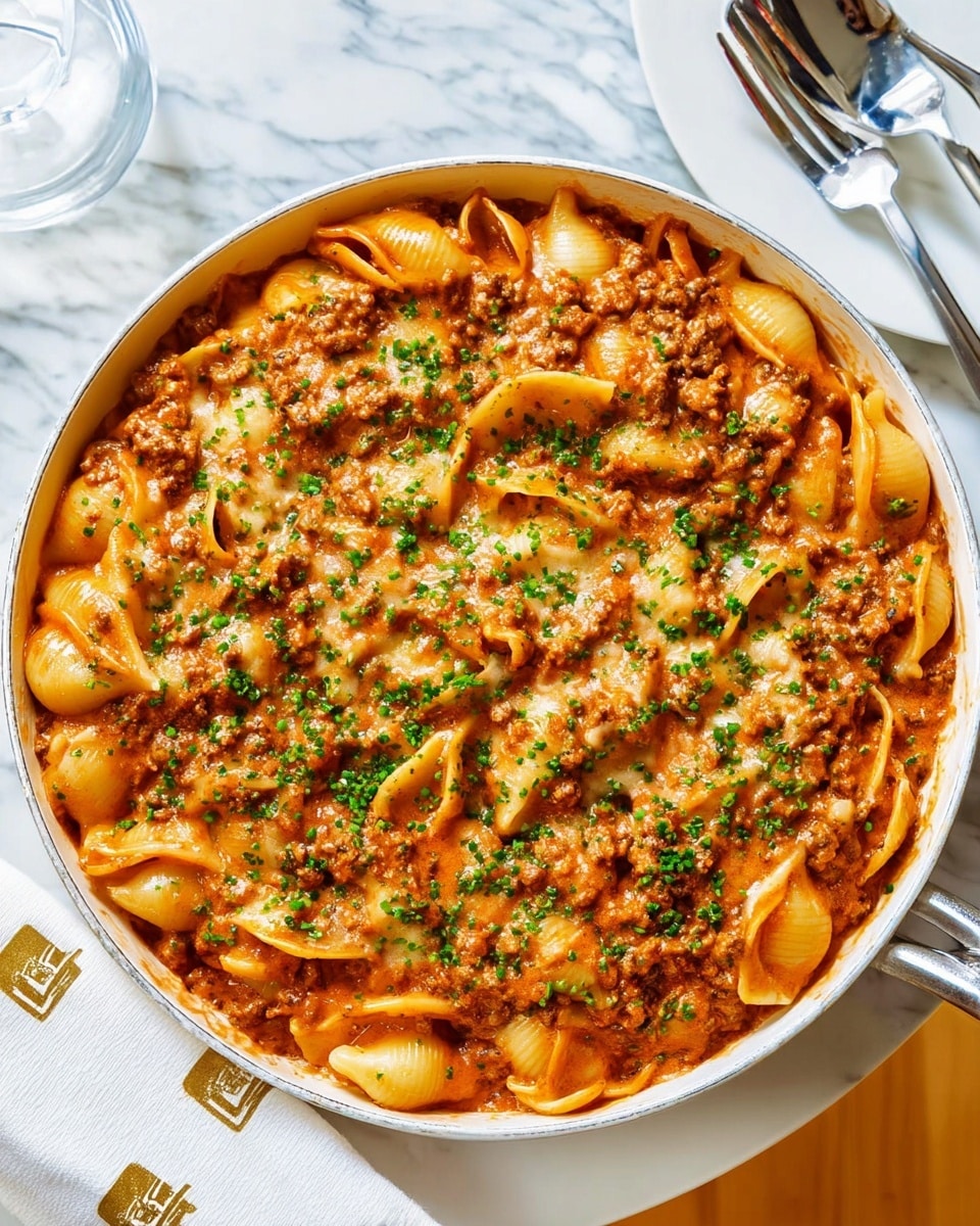 A white round pan filled with three main layers: the bottom layer is shell pasta in pale beige; the middle layer is thick, creamy tomato sauce with browned ground meat, giving a rich orange and brown mix spread evenly; the top layer has small green chopped herbs sprinkled widely for a fresh touch. The pan sits on a white marbled surface with a white napkin showing gold stickers on the left and a white plate holding a fork on the right. Photo taken with an iphone --ar 4:5 --v 7