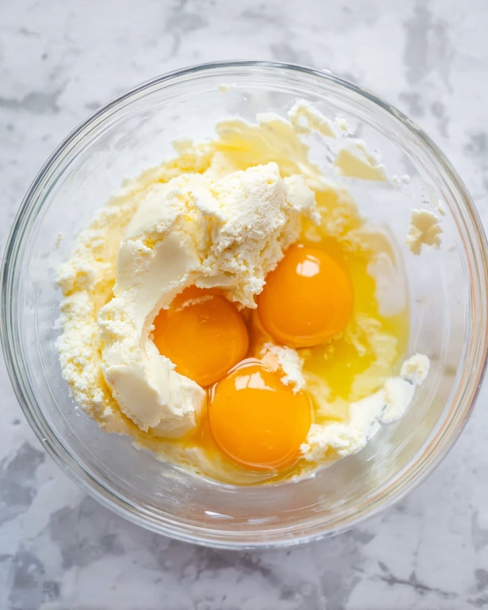 A clear glass bowl holds three layers of ingredients: a soft, white, grainy butter or sugar mixture mixed with three bright yellow egg yolks with clear, shiny egg whites around them, all sitting loosely together near the center of the bowl, resting on a white marbled surface. Photo taken with an iphone --ar 4:5 --v 7