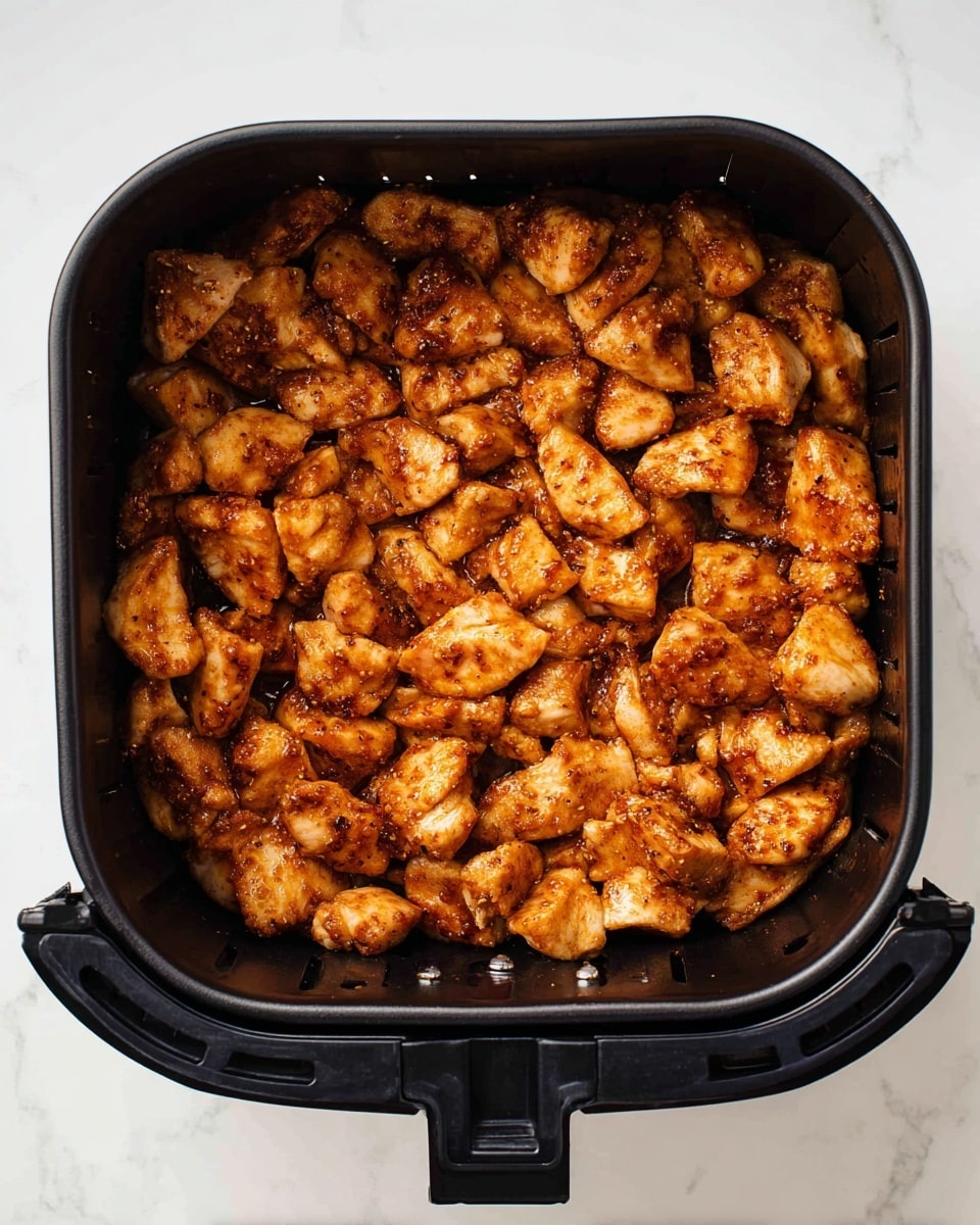 A black square air fryer basket filled with many small pieces of seasoned chicken, showing a mix of light and dark brown colors with a slightly shiny, moist texture. The chicken pieces are spread out evenly across the basket's bottom, covering the whole surface. The background below the basket is a white marbled texture. photo taken with an iphone --ar 4:5 --v 7