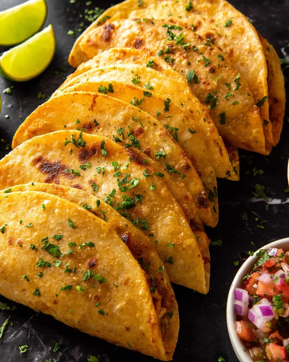 A close-up view of six folded golden brown tacos arranged in a row on a dark surface with a white marbled texture under them, each taco topped with small green herb bits evenly scattered. The tacos show slight crispiness and a soft, folded shape with a slightly uneven texture on the surface. To the left, there are light green lime wedges placed on a white dish, and on the right, a small white bowl filled with a chunky mix of red tomatoes, purple onions, and green herbs, adding a splash of color to the image. photo taken with an iphone --ar 4:5 --v 7
