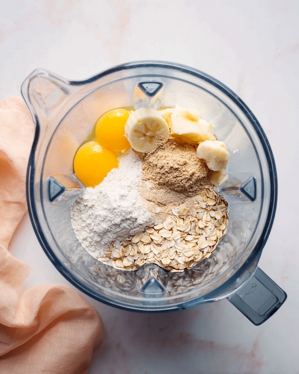 A clear blender jar is shown from above on a white marbled surface, containing several ingredients in separate layers: two whole eggs with bright yellow yolks positioned near the top left, chopped banana pieces in creamy white near the top right, a pile of light brown powder in the middle, a dusting of white powder next to it, and light beige rolled oats covering the bottom right and bottom center area. A soft, light peach cloth is casually placed to the left side of the blender jar. photo taken with an iphone --ar 4:5 --v 7
