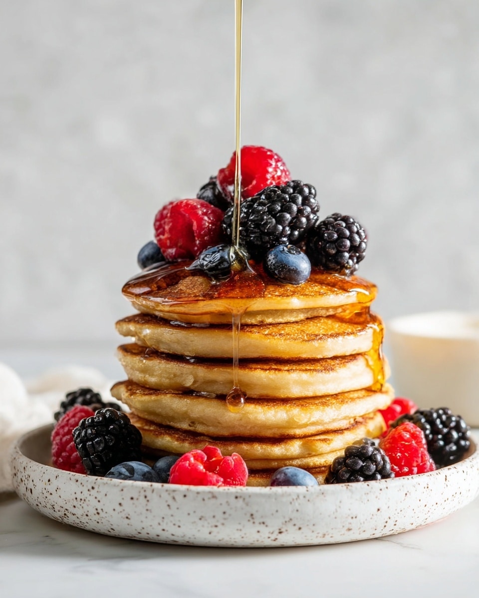 A stack of six golden brown pancakes sits on a white speckled plate, each pancake fluffy with visible soft texture. On top, a group of blackberries, raspberries, and blueberries form a colorful pile with deep black, bright red, and dark blue tones. Thick amber syrup is being poured from above, slowly flowing down the sides of the pancakes and fruit, creating a shiny, sticky surface. Additional berries surround the base of the stack on the plate. The whole scene is set on a white marbled surface with soft natural light highlighting the sticky syrup and fresh fruit. Photo taken with an iphone --ar 4:5 --v 7
