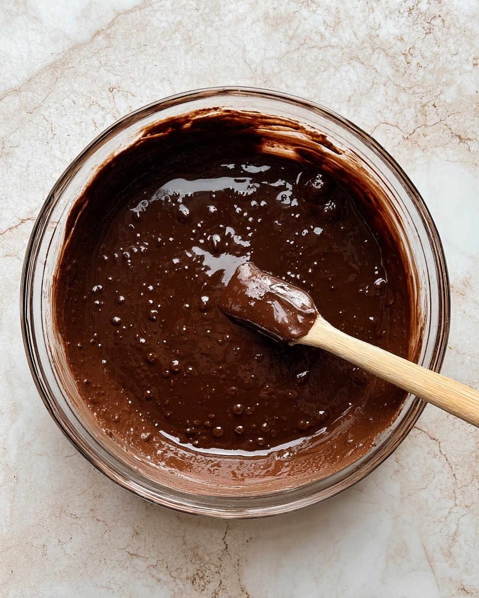 A clear glass bowl filled with dark brown, smooth chocolate batter showing small bubbles and a glossy texture, with some batter spread unevenly near the rim. A wooden spatula rests inside the bowl, coated with the same thick chocolate mixture. The bowl is placed on a white marbled surface. photo taken with an iphone --ar 4:5 --v 7