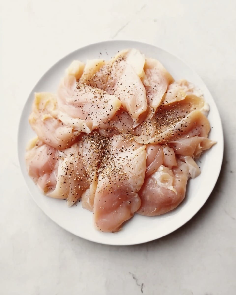 A white plate holds several raw chicken pieces spread out flat, showing light pink and pale yellow colors with a soft, smooth texture. The chicken is sprinkled evenly with coarse black pepper all over. The plate is placed on a white marbled surface, creating a clean and simple background. Photo taken with an iphone --ar 4:5 --v 7