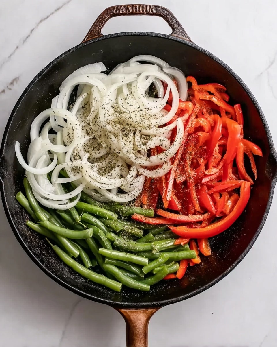 Chicken Philly Sandwich in a Sausage Roll Recipe 5 In a black cast iron pan with a brown handle, there are three main layers of sliced vegetables spread out in sections. On the left side, there are thin white onion rings with a touch of black pepper and herbs sprinkled on top. Below the onions, bright green whole beans are arranged in a line with some seasoning. On the right side, there are red bell pepper strips, slightly mixed with more onion slices and seasoning. The pan is on a white marbled surface. Photo taken with an iphone --ar 4:5 --v 7