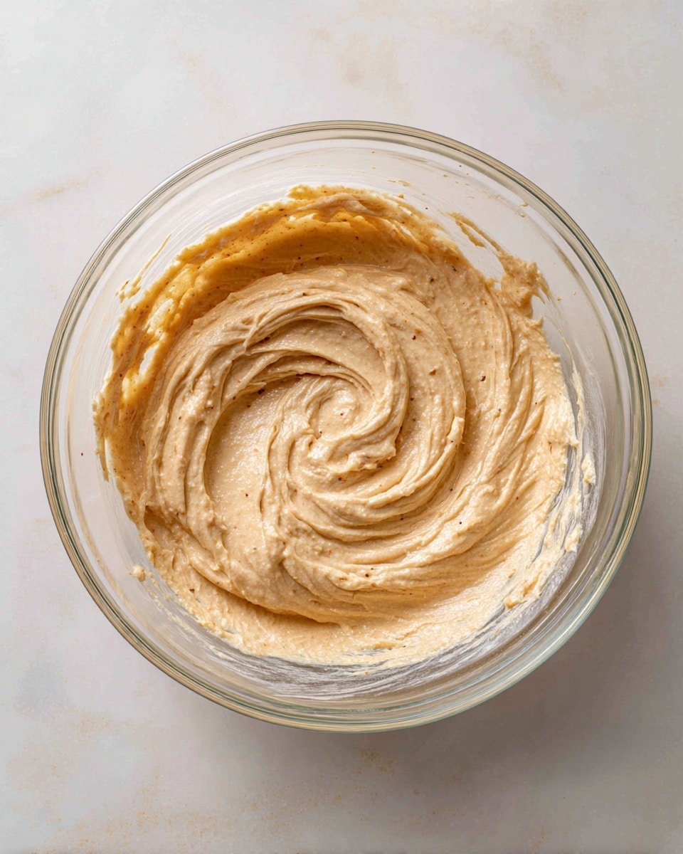 In this image, a clear glass bowl holds a single thick layer of light beige batter with small darker specks, giving it a slightly grainy texture. The batter is swirled gently in the center, showing its creamy and dense consistency. The bowl sits on a white marbled surface, which contrasts softly with the color of the batter. No other items or layers are visible, focusing fully on the mixture inside the bowl. photo taken with an iphone --ar 4:5 --v 7
