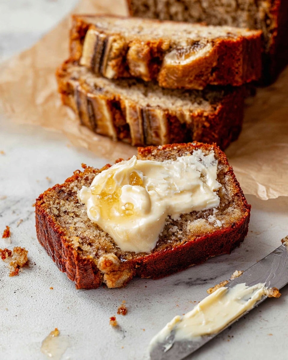 A close-up view of two slices of banana bread stacked in the back on a lightly browned parchment paper, showing a textured surface with darker brown edges and banana bits. In front, one slice lies flat, topped with a thick, creamy spread of pale white butter with some melted spots and a small drizzle of honey. Next to it on the white marbled surface is a butter knife with some butter left on its blade. The light highlights the moist crumb and textured crust of the bread photo taken with an iphone --ar 4:5 --v 7