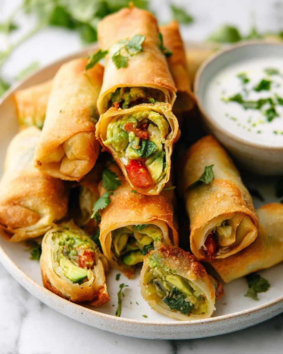 The image shows a pile of golden-brown crispy rolls placed on a white plate with a few fresh green herbs scattered around. Each roll is cut open, revealing a vibrant filling made of chunky green avocado, small pieces of red tomato, and bits of fresh cilantro. The layers of the roll are thin and flaky, with a lightly browned texture on the outside. To the side of the plate, there is a white bowl holding a creamy white dipping sauce with small green herb pieces on top, all set on a white marbled surface. photo taken with an iphone --ar 4:5 --v 7