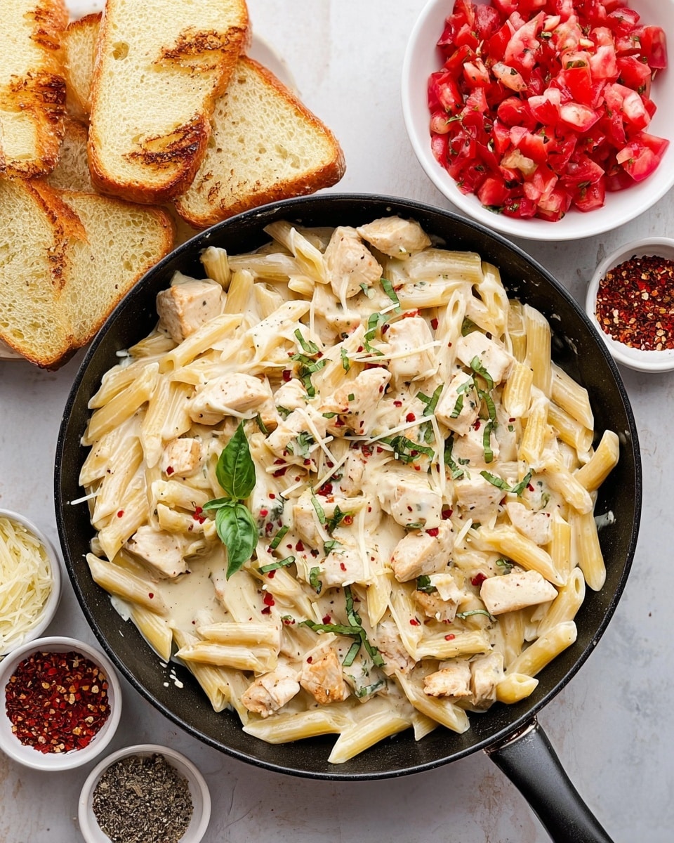 Chicken Penne Pasta with Bruschetta Topping and Creamy Parmesan Sauce Recipe