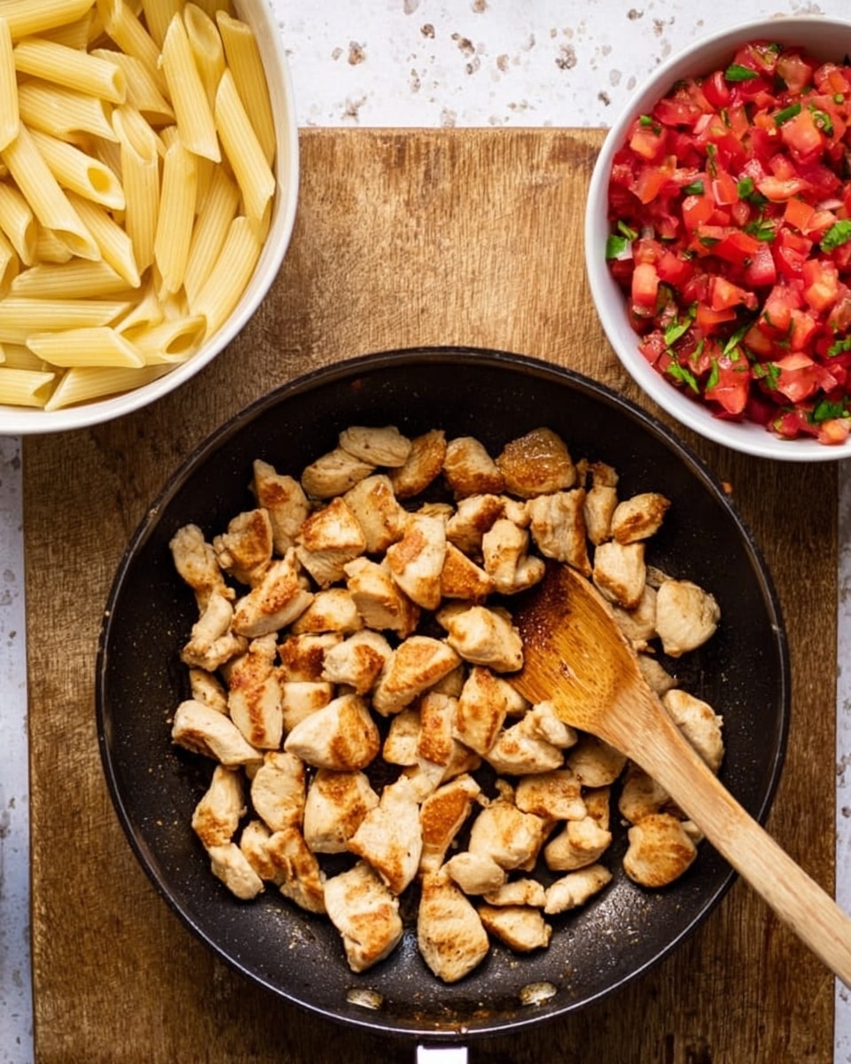 The image shows a round black frying pan filled with small pieces of browned chicken cooked evenly, with a light golden color and slightly crispy texture. A wooden spoon rests inside the pan, touching the chicken pieces. The pan sits on a rough wooden board. On the left side, there is a white bowl filled with cooked penne pasta showing smooth, slightly shiny, pale yellow tubes. On the right side, another white bowl contains a fresh tomato salsa made of small red tomato pieces mixed with green herbs. The background is a white marbled surface. photo taken with an iphone --ar 4:5 --v 7