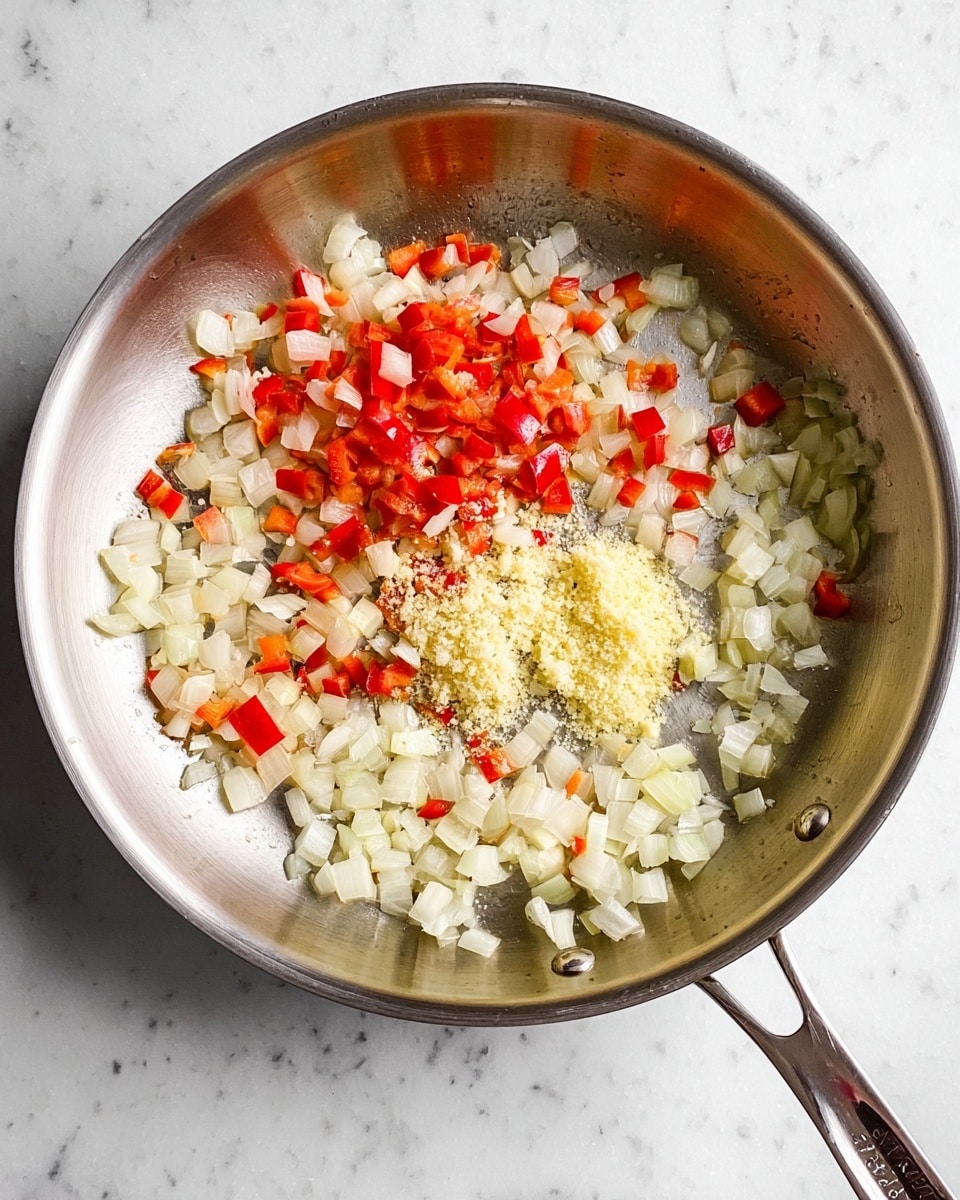 A shiny silver pan sits on a white marbled surface. Inside the pan, there is one layer of small, soft diced onions with white and light yellow colors and small pieces of red bell pepper mixed in, showing some soft shine from cooking. Near the center, two small piles of finely grated garlic and ginger rest side by side, garlic in white and ginger in pale yellow. The pan has a single silver handle extending to the bottom right. photo taken with an iphone --ar 4:5 --v 7