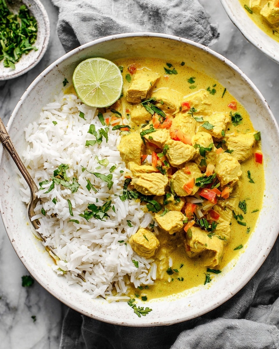 A white bowl is filled with two main layers: the left side has fluffy white rice with a wedge of light green lime on top, while the right side holds a creamy yellow curry with soft, cubed pieces of chicken and small red and green vegetable bits mixed in. The curry is garnished with chopped fresh green herbs scattered on top. A silver fork rests partly on the rice near the bottom left side of the bowl. The bowl sits on a soft gray cloth on a white marbled surface, and a small white dish with more green herbs is nearby. Photo taken with an iphone --ar 4:5 --v 7