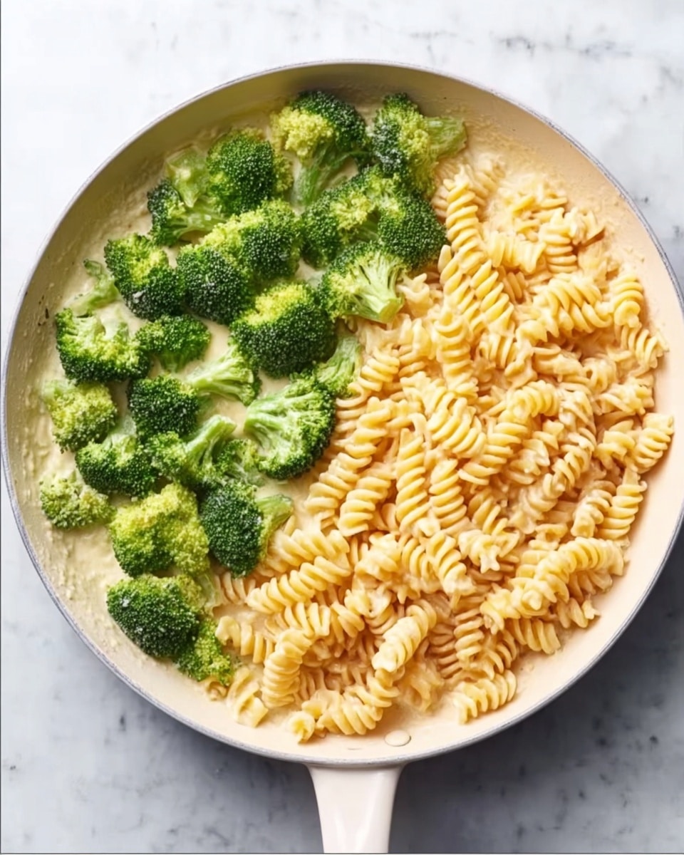 A white skillet sits on a white marbled surface, filled with two distinct layers of food. The bottom right half of the skillet holds a pile of light yellow rotini pasta coated in a creamy sauce, with each piece showing a spiral texture. The top left half contains bright green broccoli florets, evenly spread and slightly resting on the creamy sauce below. The overall look is fresh and colorful with a clear division between the pasta and the broccoli. photo taken with an iphone --ar 4:5 --v 7
