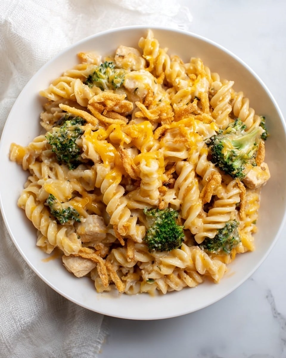 A white bowl filled with creamy pasta made of spiral rotini noodles mixed with small, bright green broccoli pieces and bite-sized chunks of cooked chicken. The pasta is coated in a thick, light-colored sauce, and sprinkled with melted yellow cheddar cheese melted unevenly on top. Crispy, golden-brown fried onion strings are scattered over the pasta, adding texture. The bowl sits on a white marbled surface with a soft white cloth nearby. photo taken with an iphone --ar 4:5 --v 7